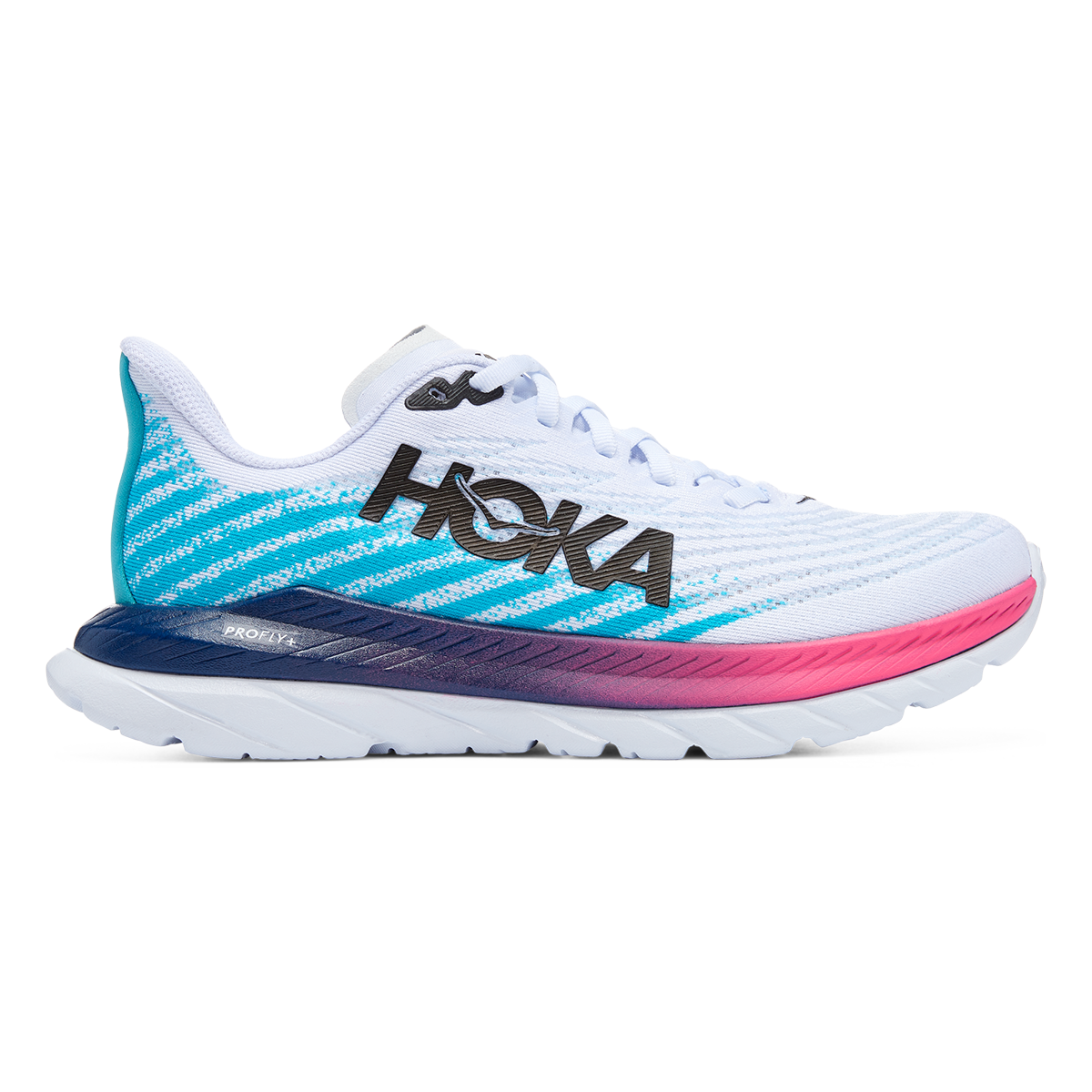 Hoka Mach 5 running shoe in white and scuba blue colorway
