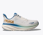 Men's HOKA Clifton 9 running shoe in frost white with gold branding and blue accents