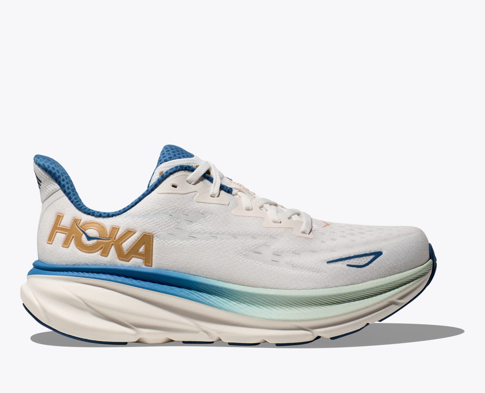 Men's HOKA Clifton 9 running shoe in frost white with gold branding and blue accents