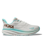 HOKA Clifton 9 women's running shoe in frost white with rose gold logo and teal accents