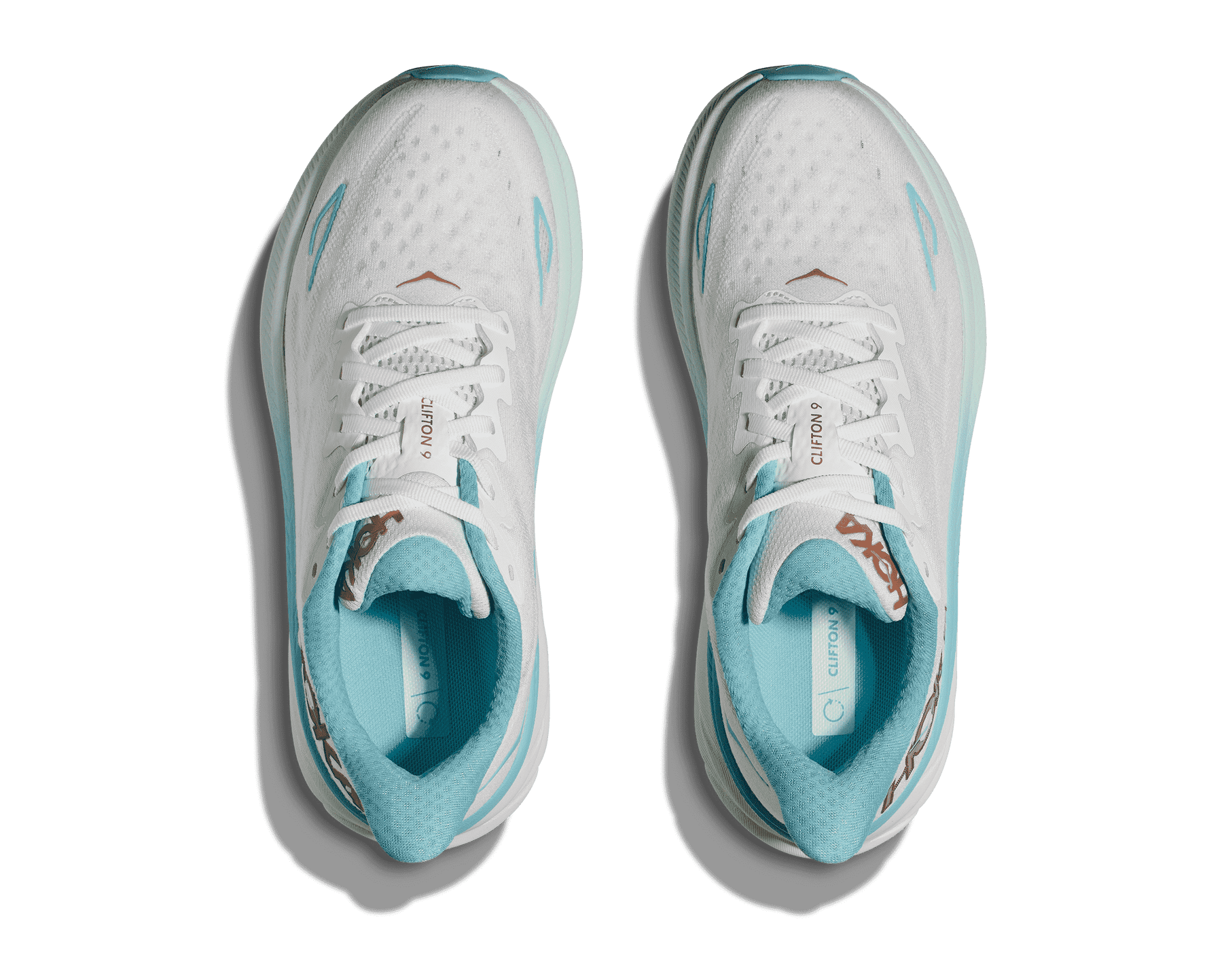 Hoka Clifton 9 women's running shoes in frost white with rose gold details