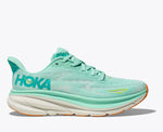 Hoka Clifton 9 women's running shoe in seafoam green colorway