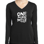 Women's black long sleeve v-neck shirt with white One More Mile graphic print