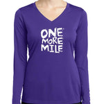 One More Mile purple long sleeve v-neck shirt with white graphic text on female model