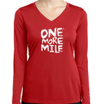 Women's red long sleeve v-neck shirt with white One More Mile graphic print