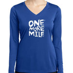 Women's royal blue long sleeve v-neck shirt with white One More Mile graphic print