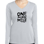 Women's silver long sleeve v-neck shirt with One More Mile graphic print