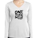 One More Mile white long sleeve v-neck shirt with bold black graphic text on model