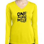 One More Mile yellow long sleeve v-neck shirt with bold black graphic text