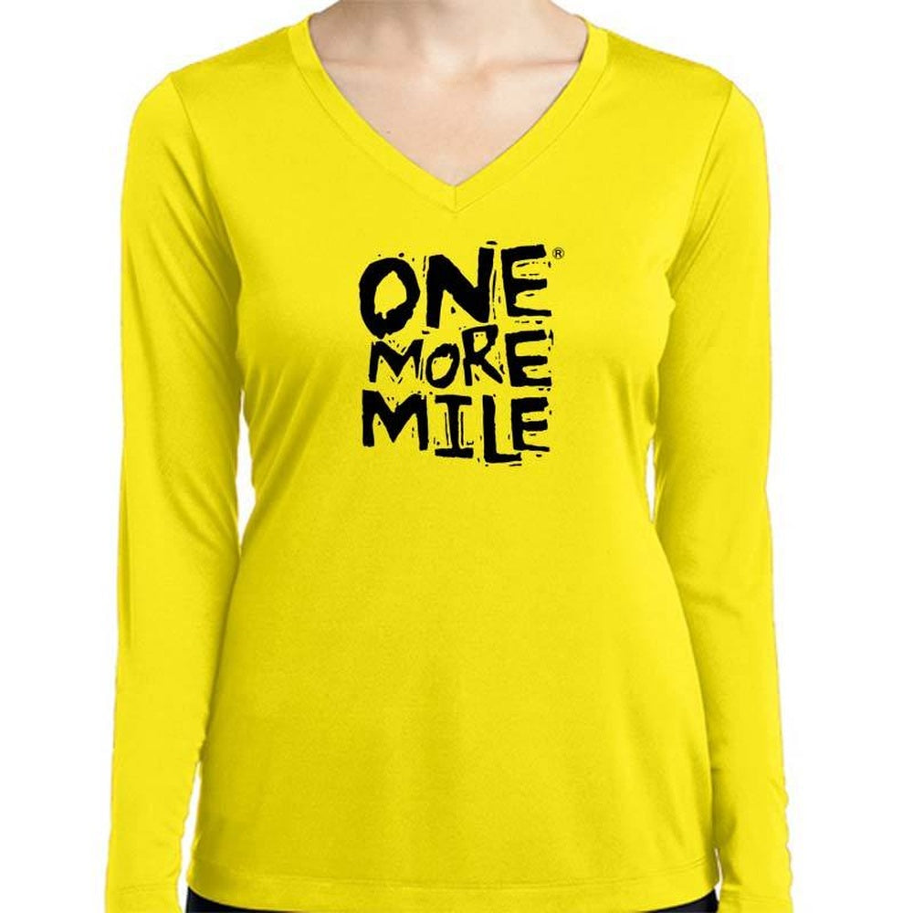 One More Mile yellow long sleeve v-neck shirt with bold black graphic text