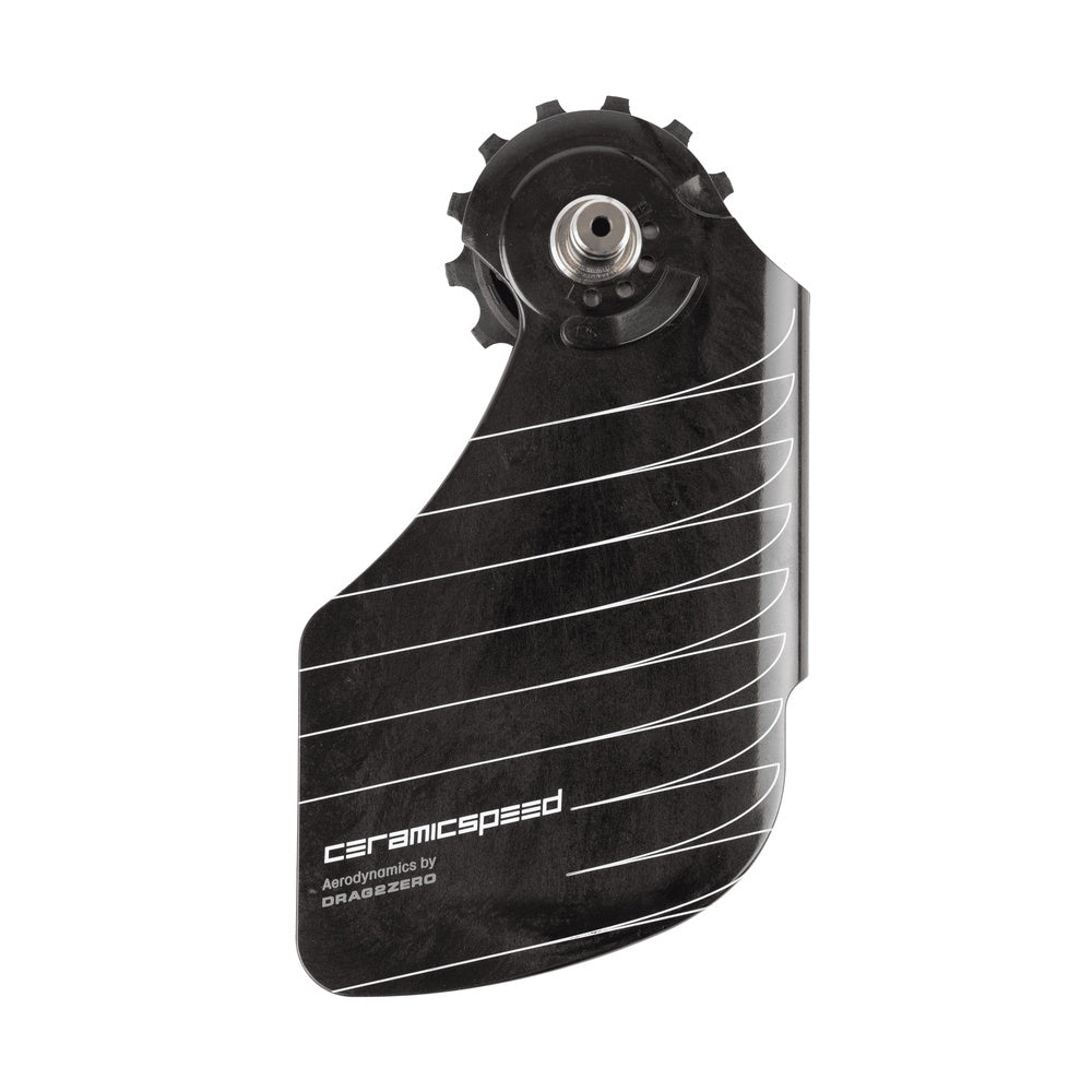 CeramicSpeed OSPW RS ALPHA derailleur pulley cage in black with white diagonal stripes