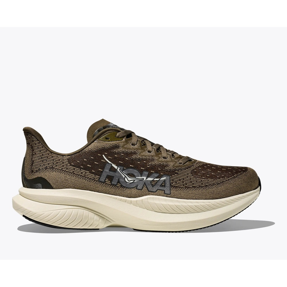 HOKA Mach 6 running shoe in olive green colorway with cream midsole