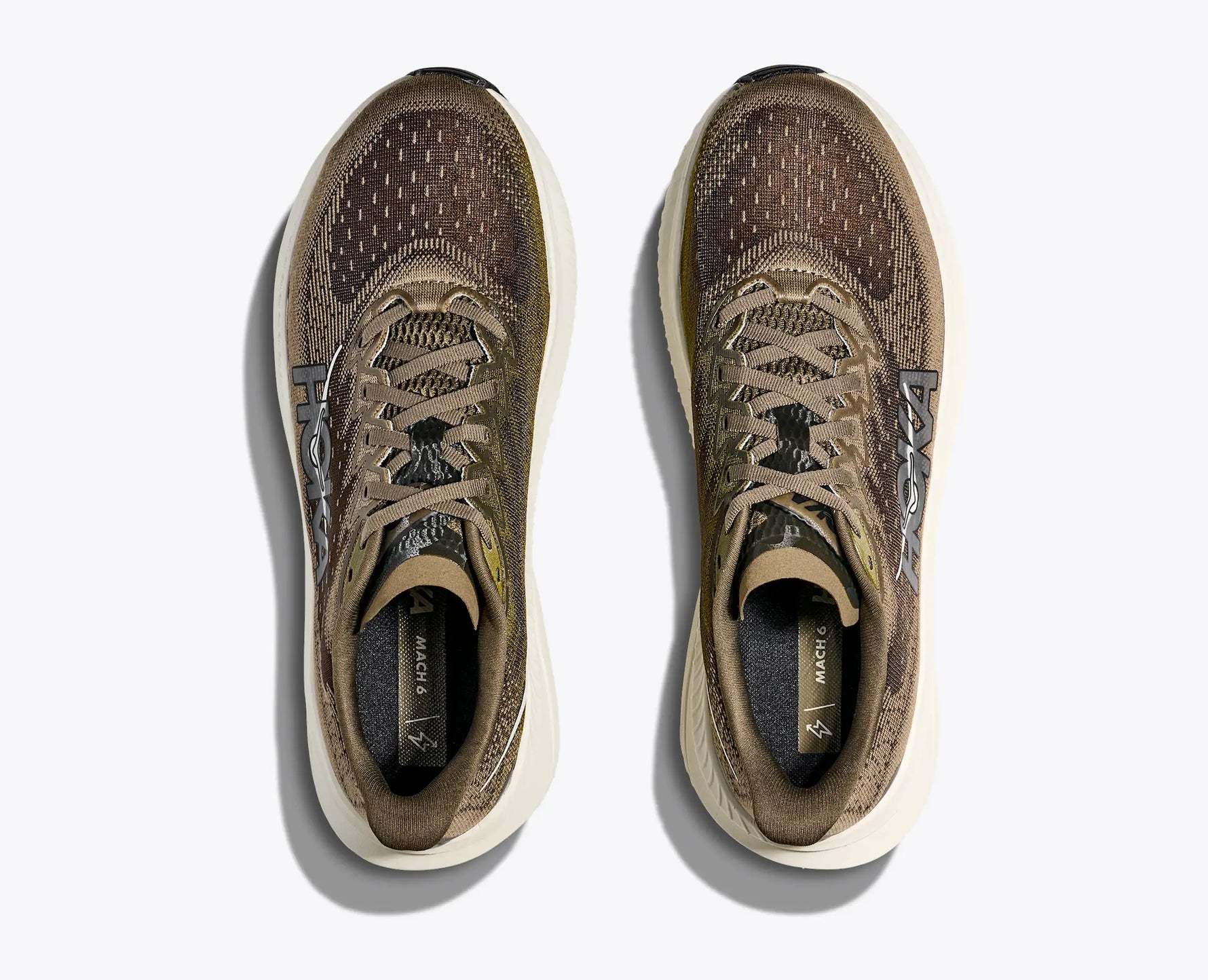 Hoka Mach 6 men's running shoes in dusk/shadow colorway, top view