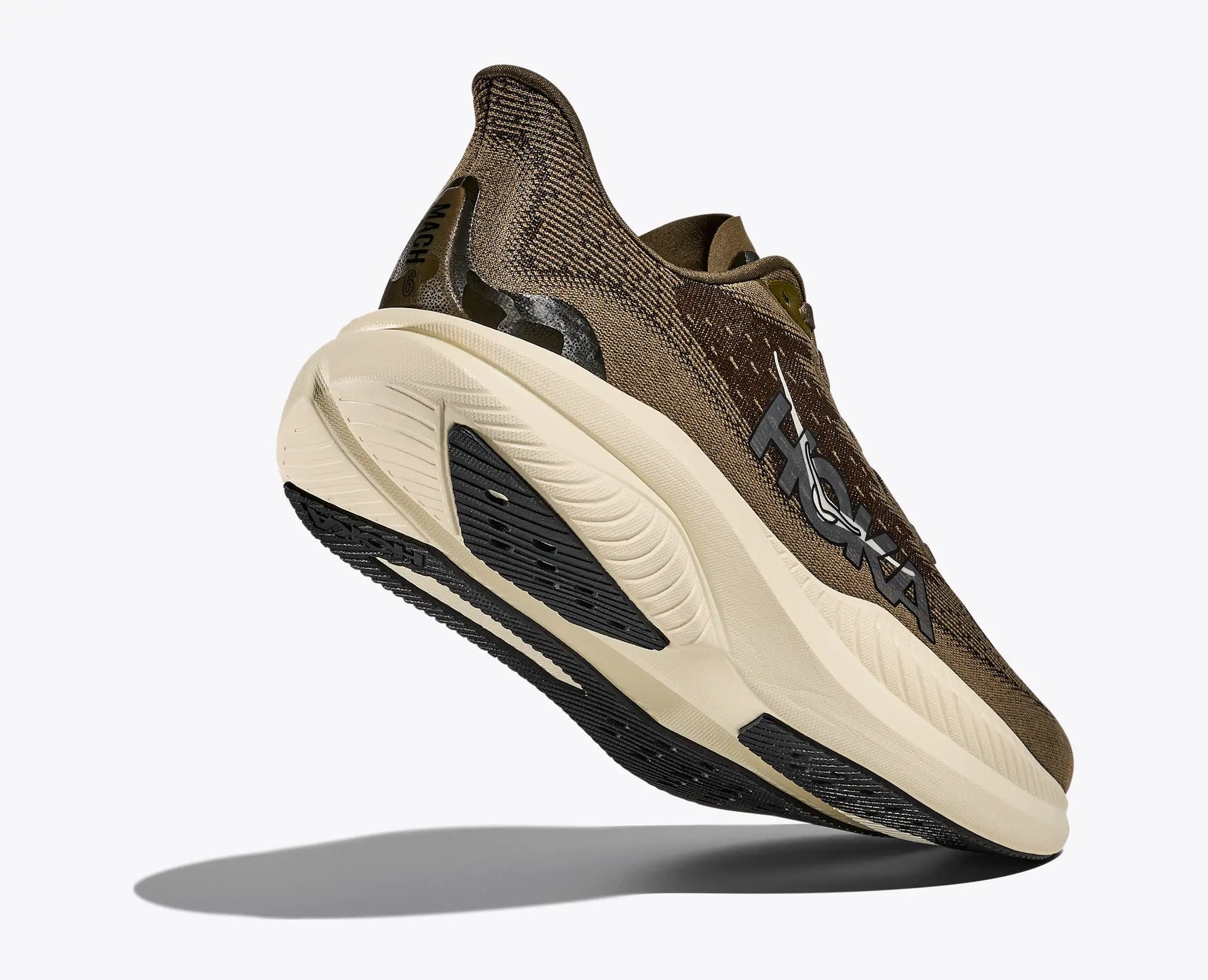 Hoka Mach 6 running shoe in dusk olive colorway with cream midsole