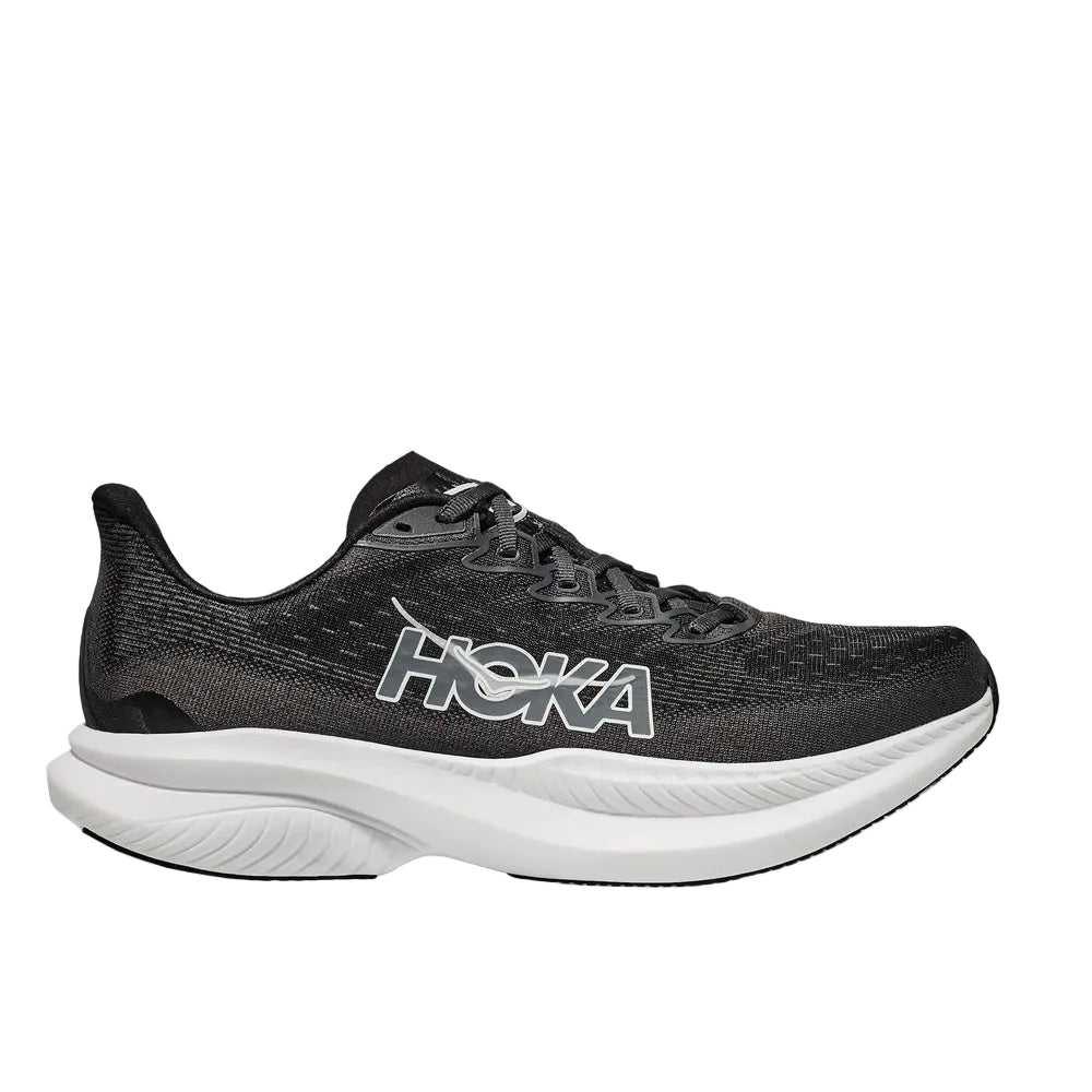 HOKA Mach 6 men's running shoe in black/dark gray with white sole