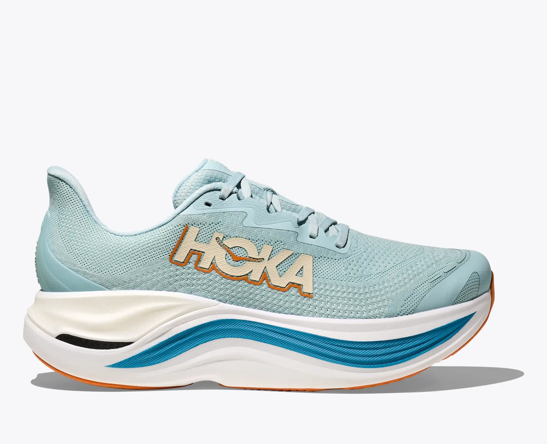 Hoka Skyward X running shoe in light green colorway with blue and orange details