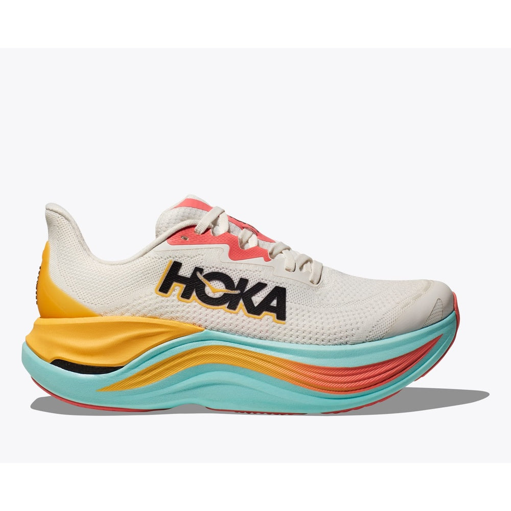 HOKA Skyward X women's running shoe in cream with colorful turquoise coral yellow sole