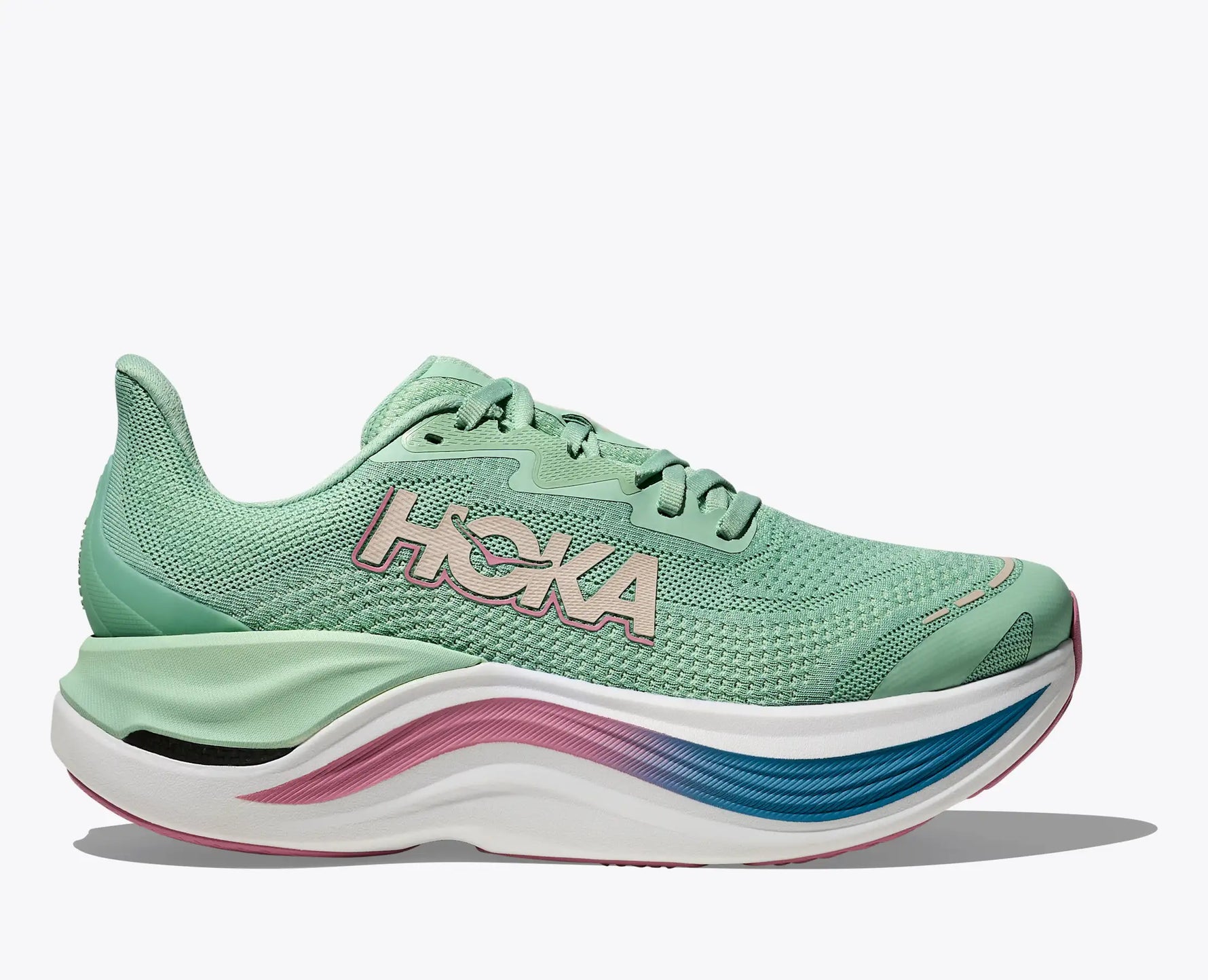 Hoka Skyward X women's running shoe in lettuce green with colorful sole