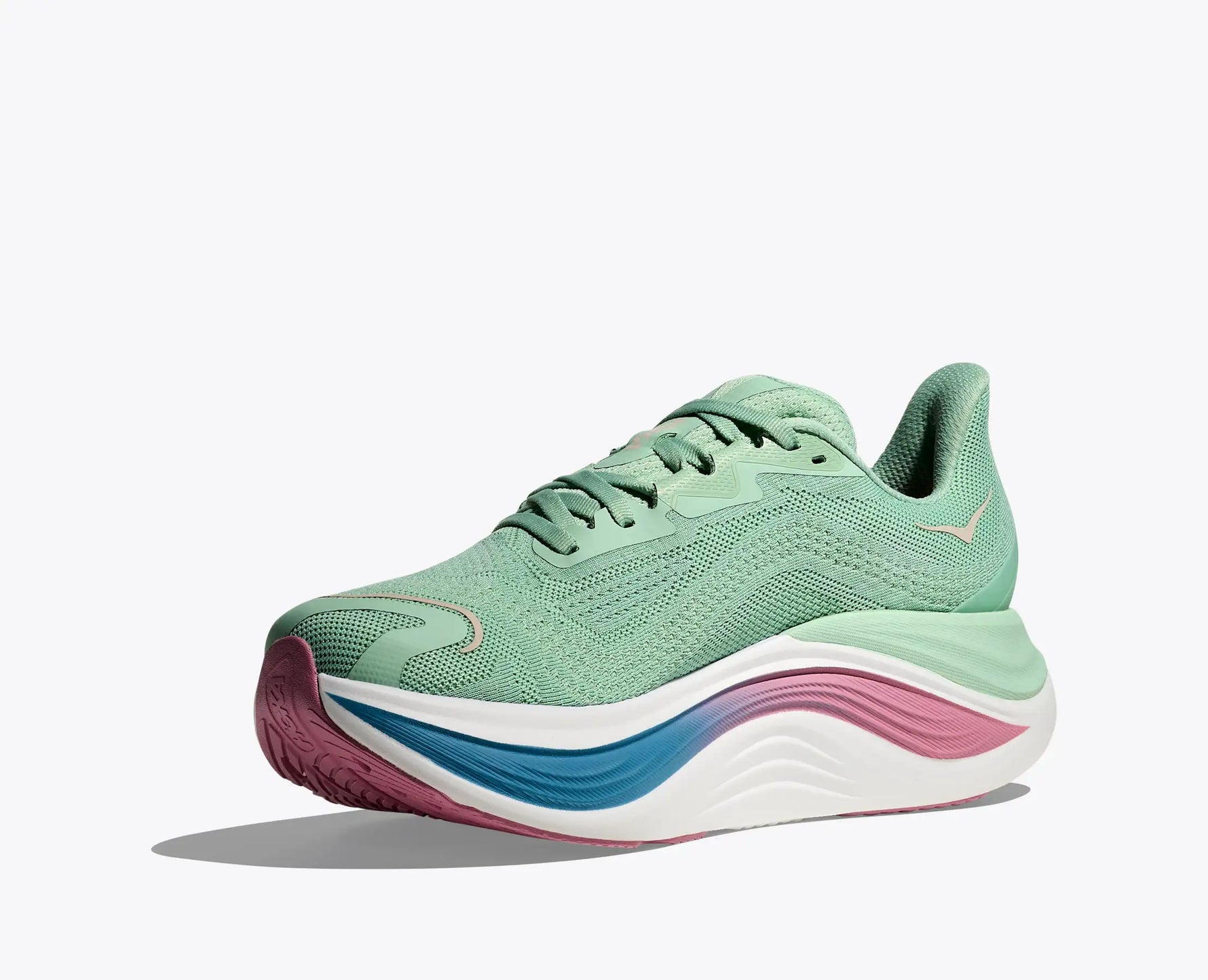 Hoka Skyward X women's running shoe in lettuce green with rainbow sole