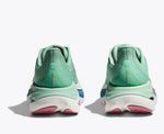 Hoka Skyward X women's running shoes in lettuce green colorway, rear view