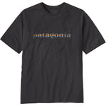Patagonia men's dark gray t-shirt with multicolored '73 text logo across chest