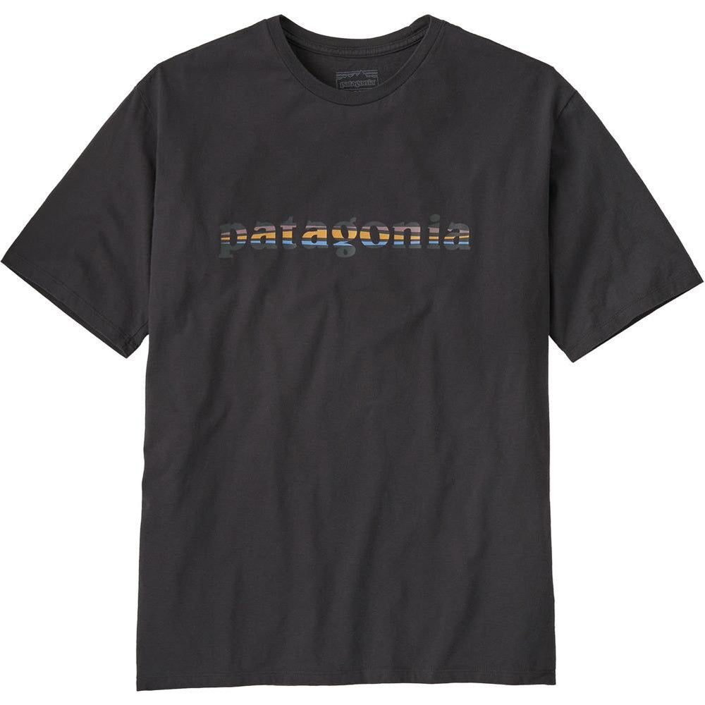 Patagonia men's dark gray t-shirt with multicolored '73 text logo across chest