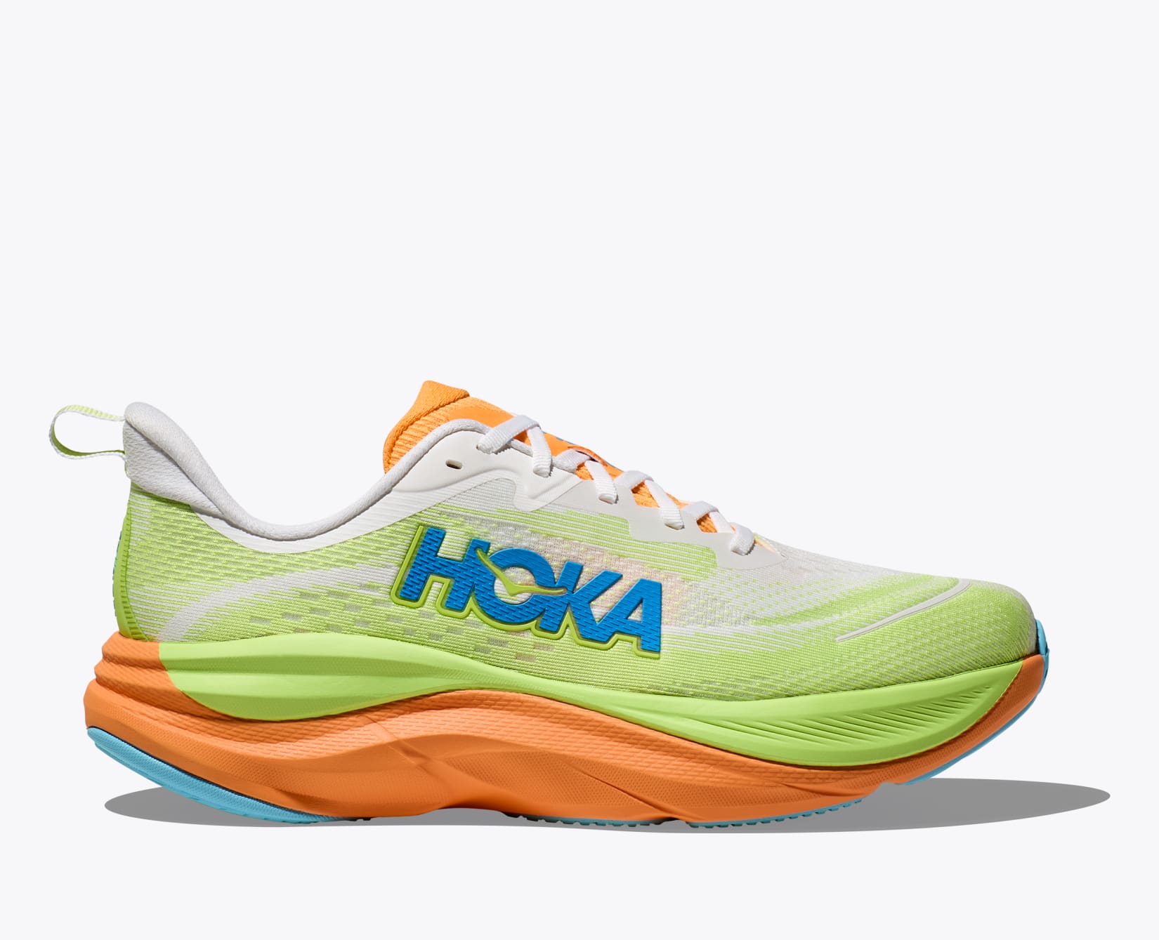 Hoka Skyflow running shoe in frost white and solar flare colorway