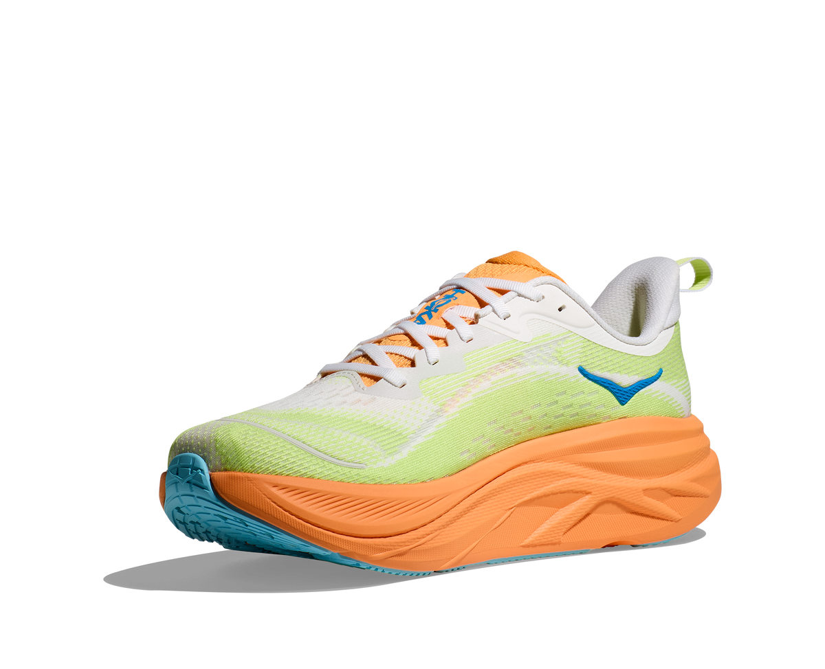 Hoka Skyflow men's running shoe medial three-quarter view in Frost Solar Flare colors