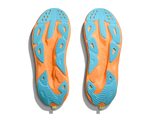 Hoka Skyflow running shoes bottom sole view showing orange and blue rubber outsole pattern