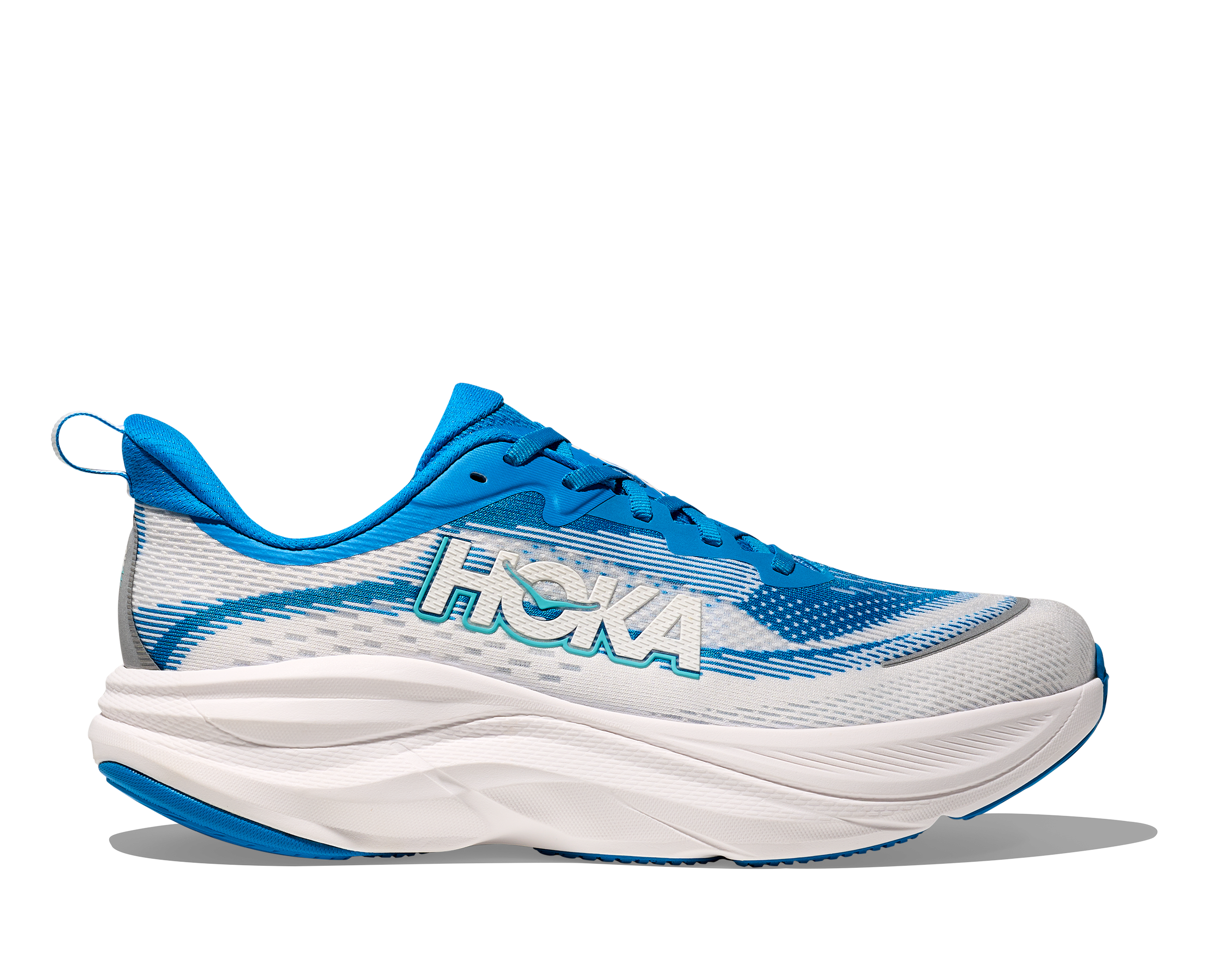 HOKA Skyflow men's running shoe in blue and white, lateral side view