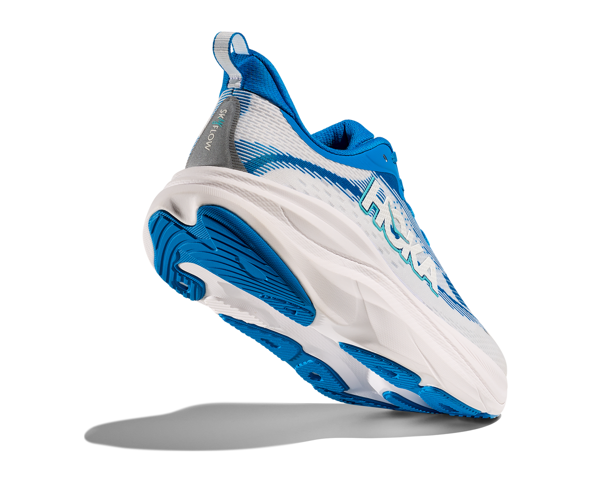 HOKA Skyflow running shoe close-up heel and outsole detail in blue and white