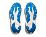 Pair of HOKA Skyflow running shoes bottom view showing blue and white outsole pattern
