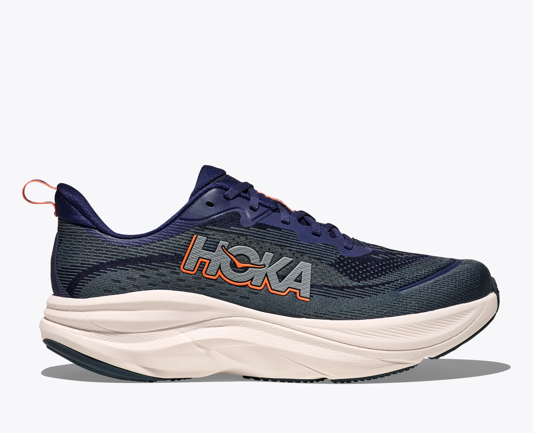 HOKA Skyflow men's running shoe in navy blue and electric cobalt colorway