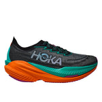HOKA Mach X 2 women's running shoe in black, electric aqua, and orange colorway
