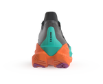 HOKA Mach X 2 women's running shoe rear view in black, aqua, and orange