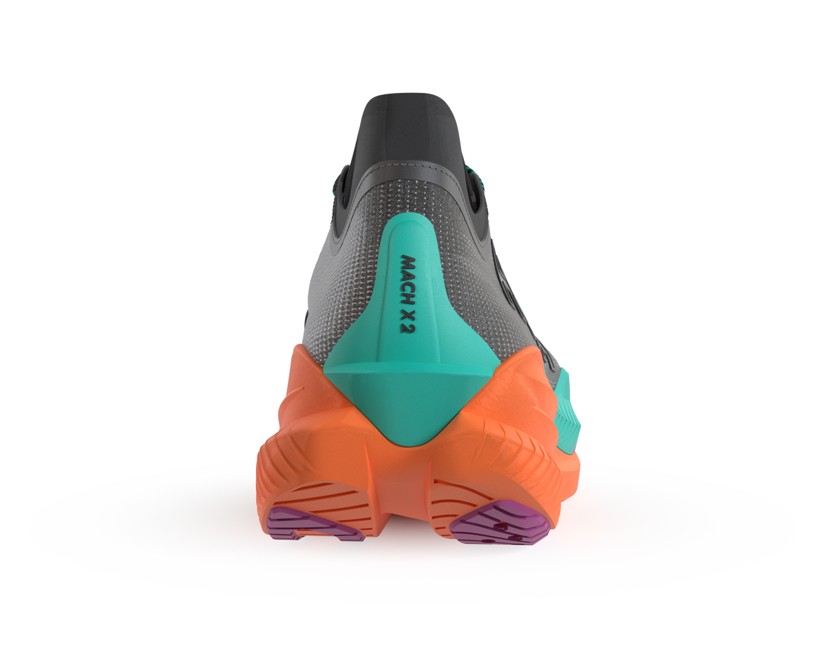 HOKA Mach X 2 women's running shoe rear view in black, aqua, and orange