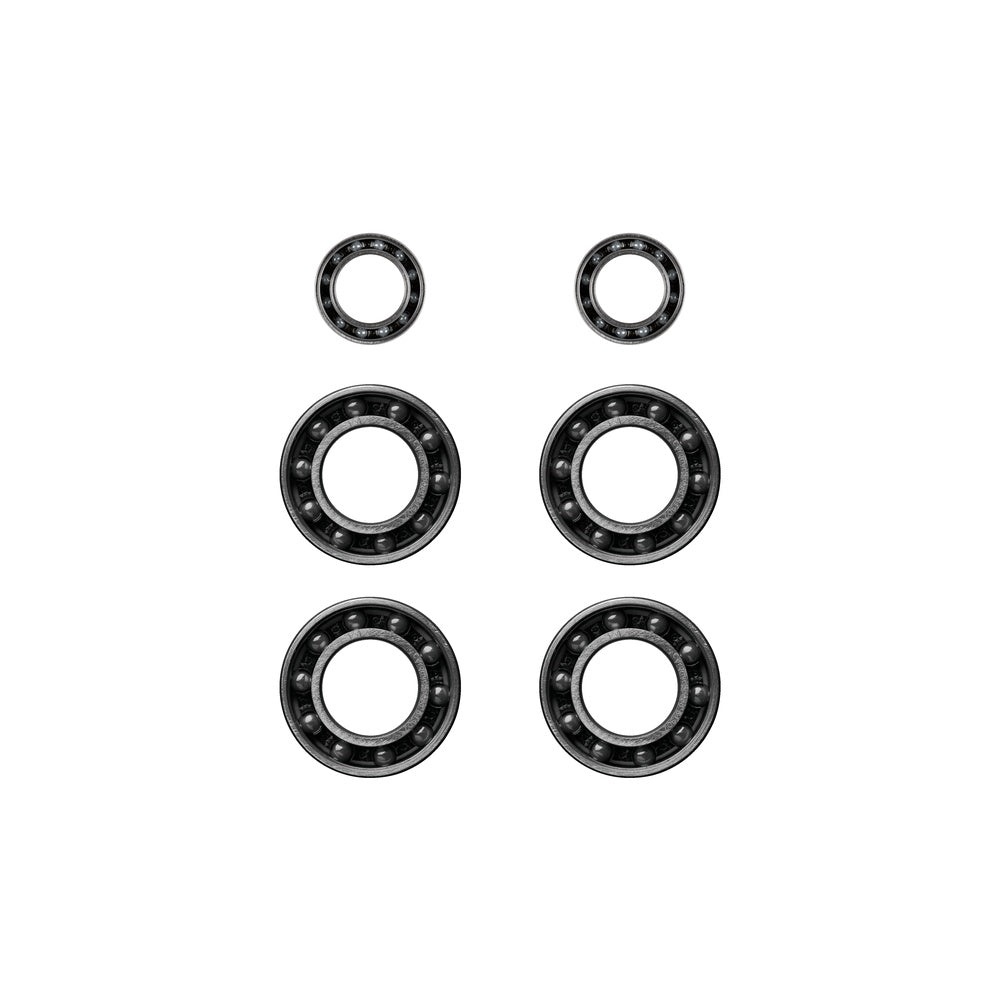 CeramicSpeed hub bearing kit showing six ball bearings of varying sizes on black background