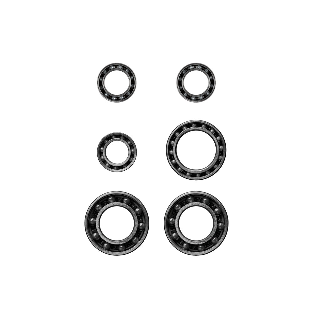 CeramicSpeed hub kit bearing set with six ball bearings in varying sizes on white background