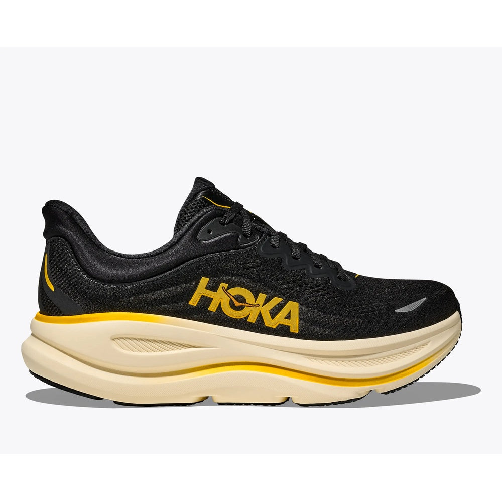 Hoka Bondi 9 men's running shoe in black with yellow logo and midsole accents