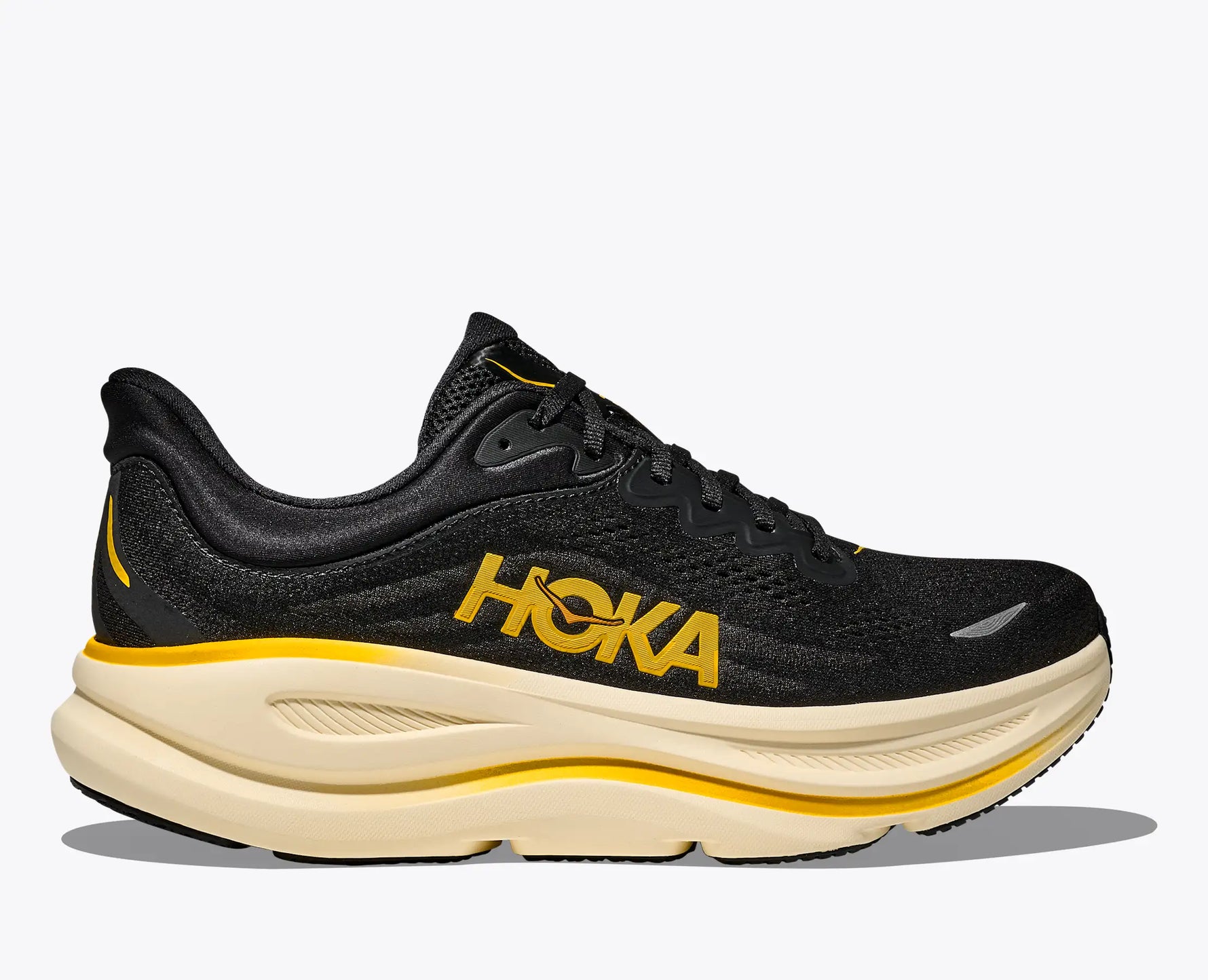 Hoka Bondi 9 men's running shoe in black with yellow logo and cream sole