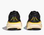 Hoka Bondi 9 running shoes in black with yellow accents, rear view