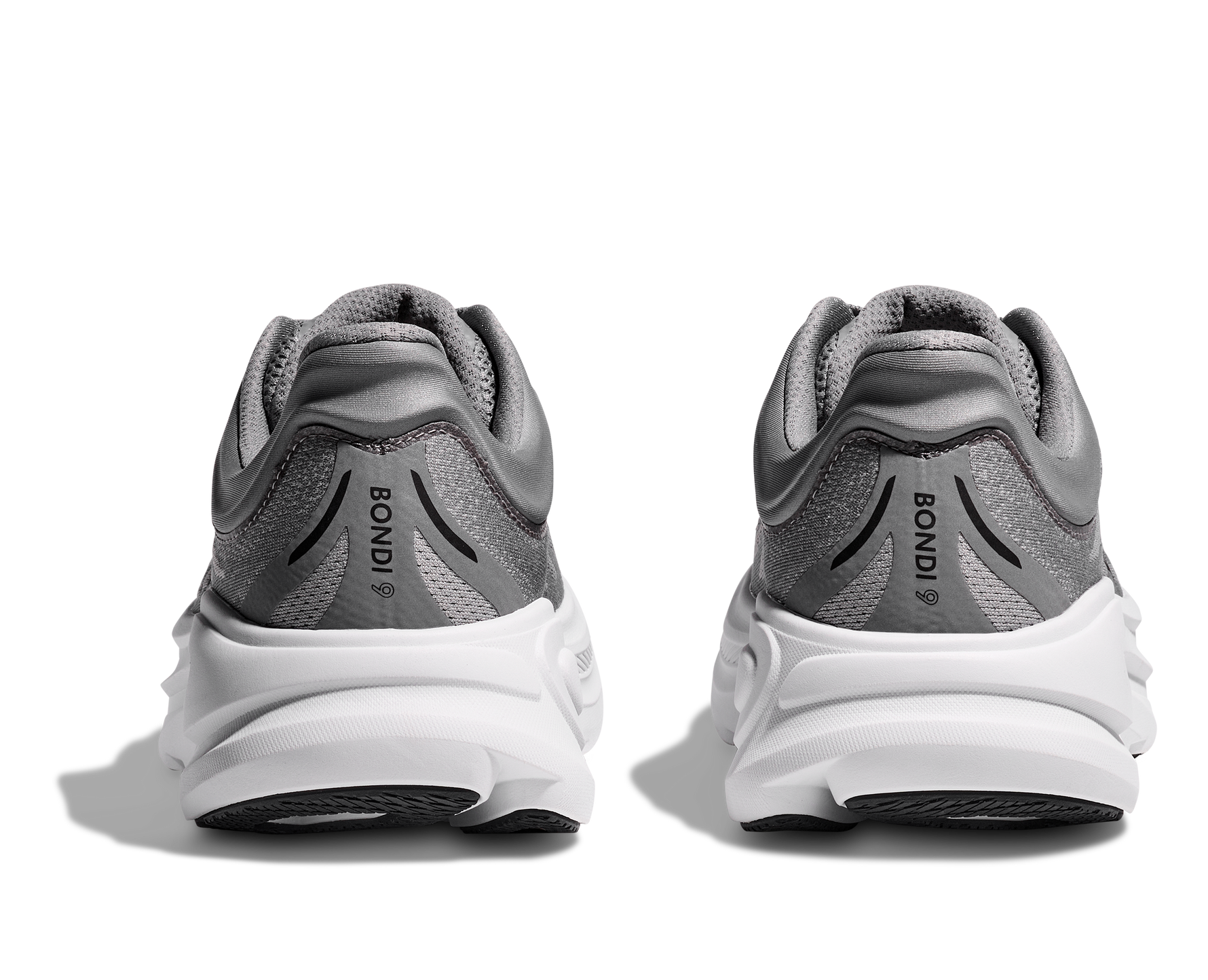 Hoka Bondi 9 running shoes rear view in galactic grey colorway