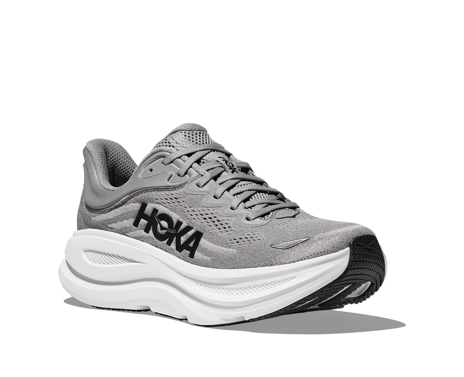 HOKA Bondi 9 men's running shoe in grey colorway with white midsole