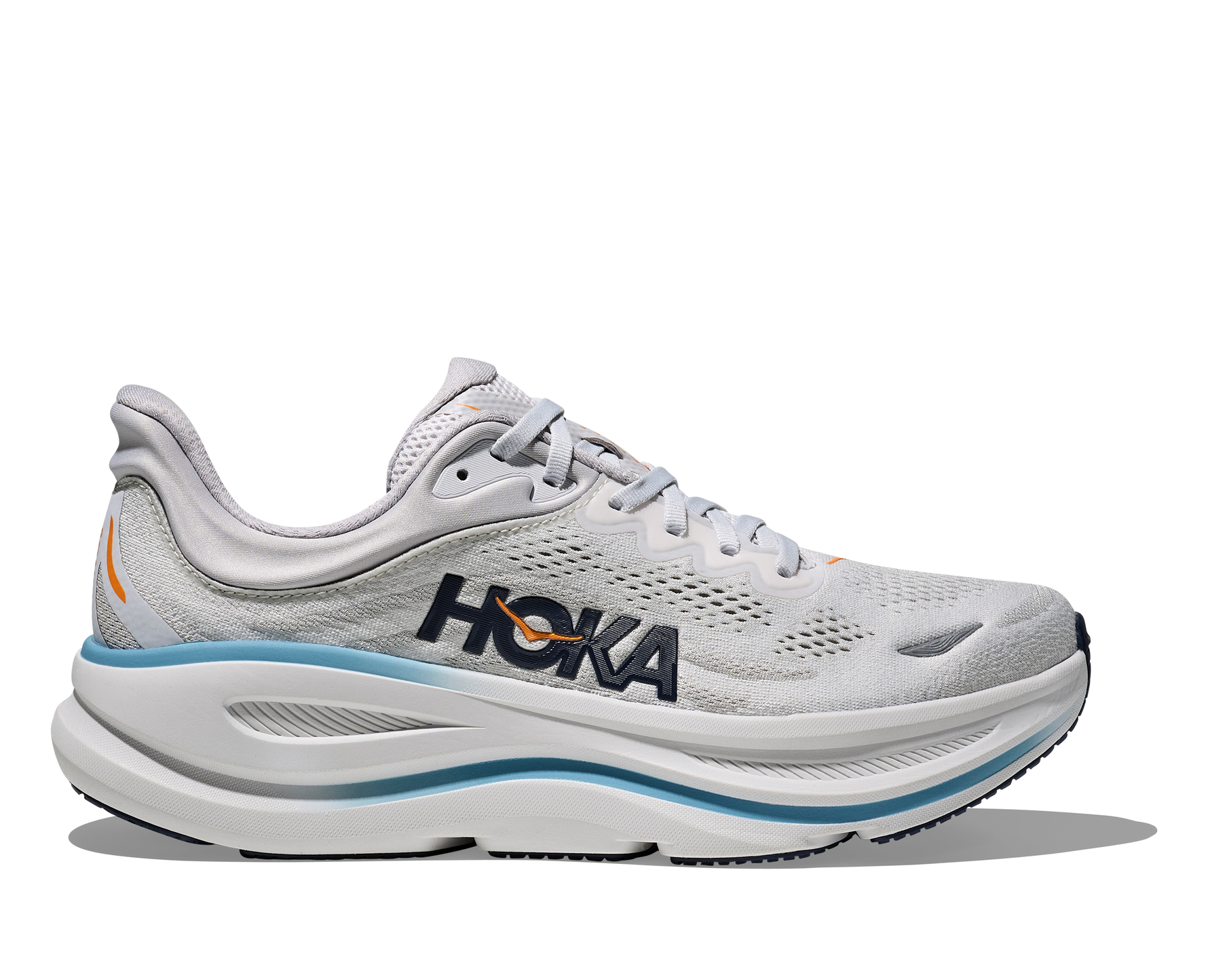 Hoka Bondi 9 men's running shoe in stardust grey with blue sole accents