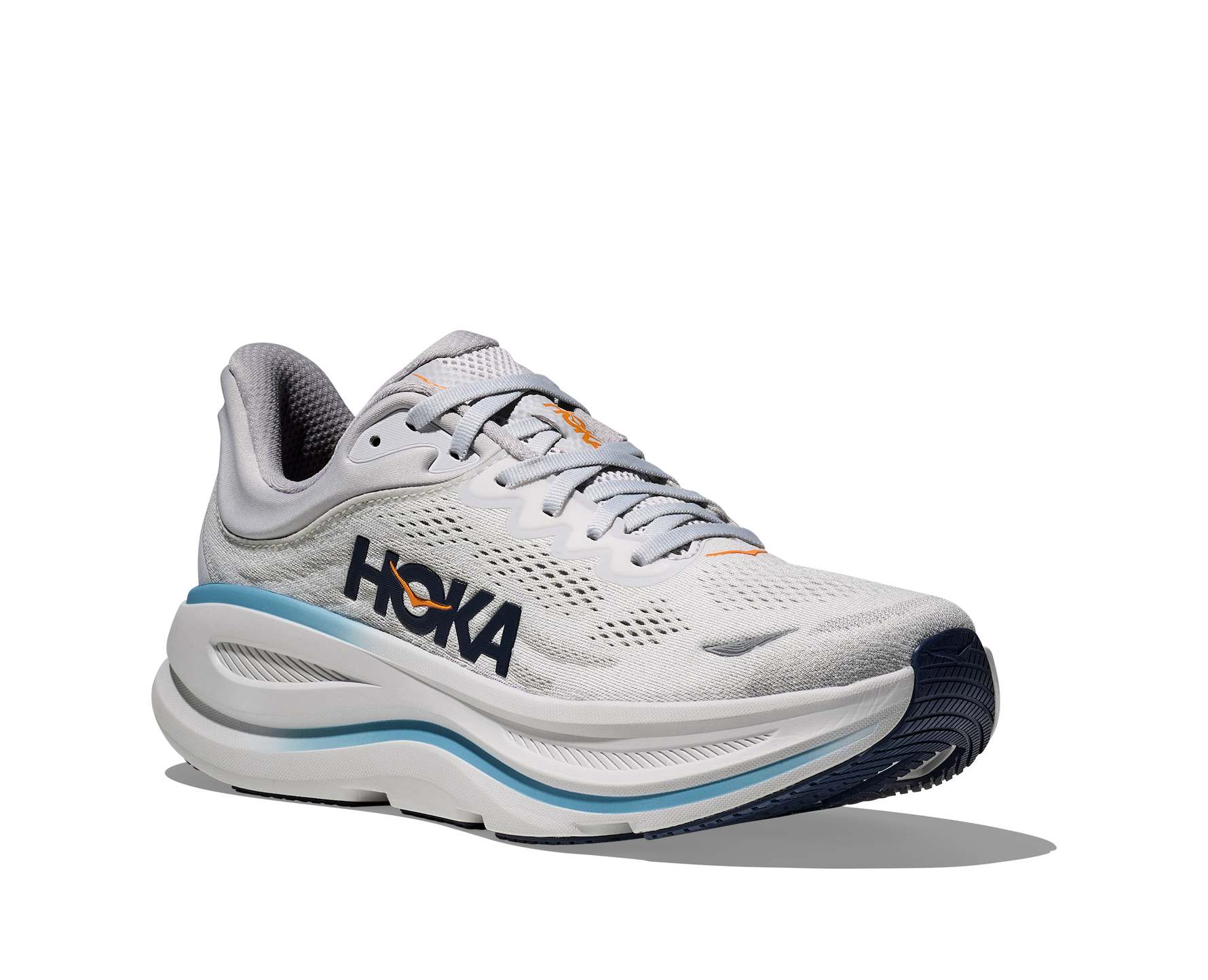 Hoka Bondi 9 men's running shoe in stardust grey with blue sole accents