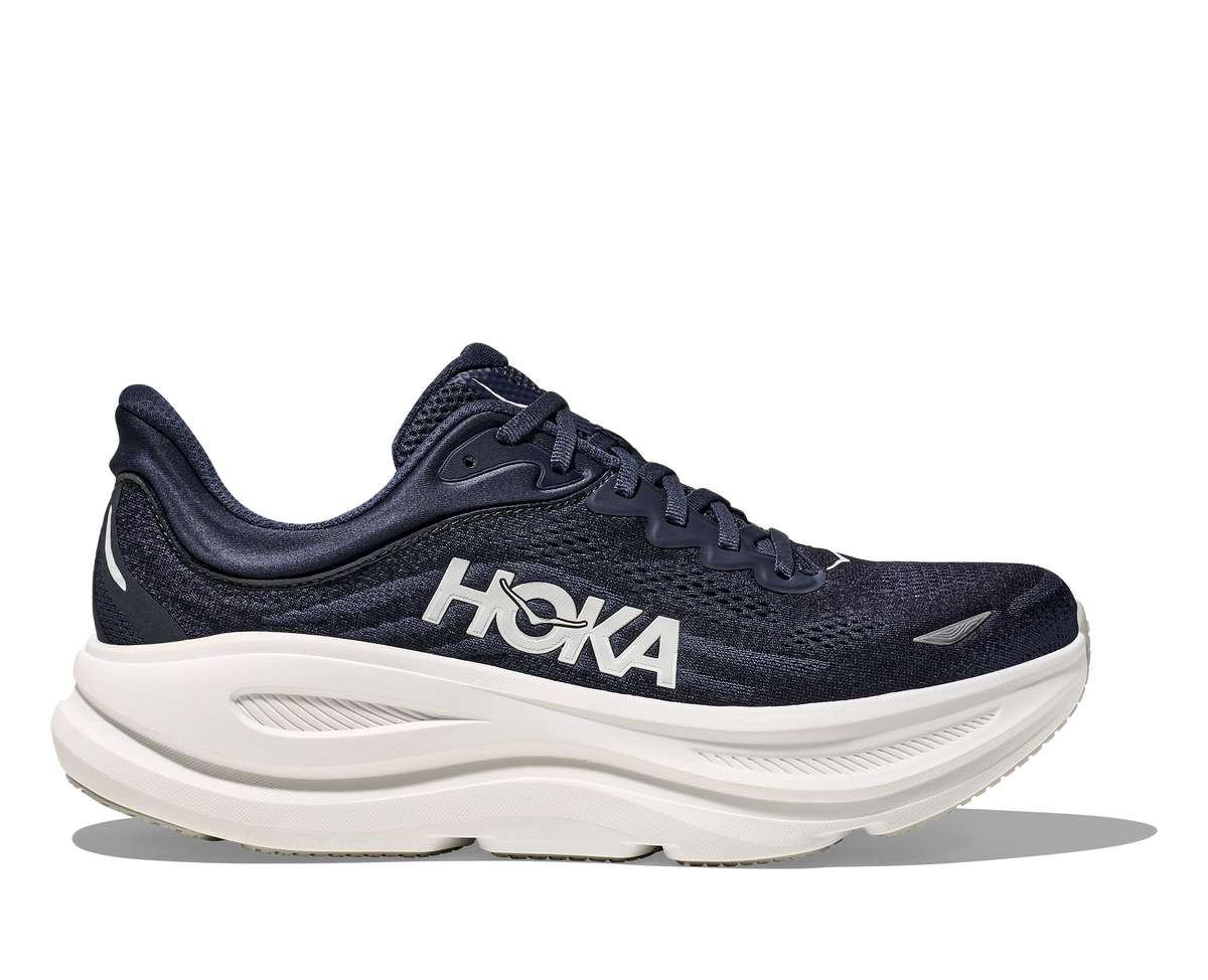 HOKA Bondi 9 running shoe in varsity navy with white chunky midsole, lateral view