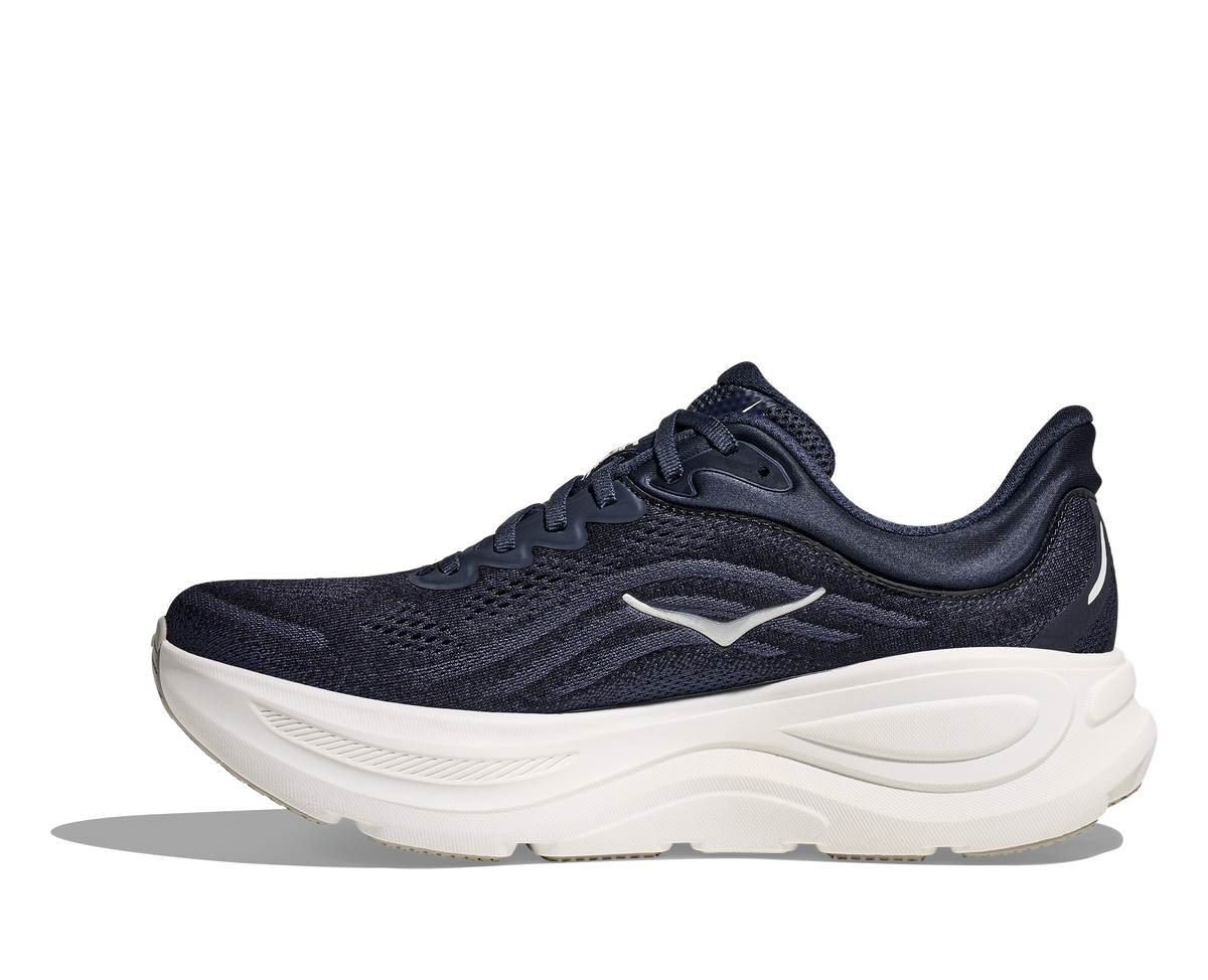 HOKA Bondi 9 running shoe in Varsity Navy with white chunky midsole, side view