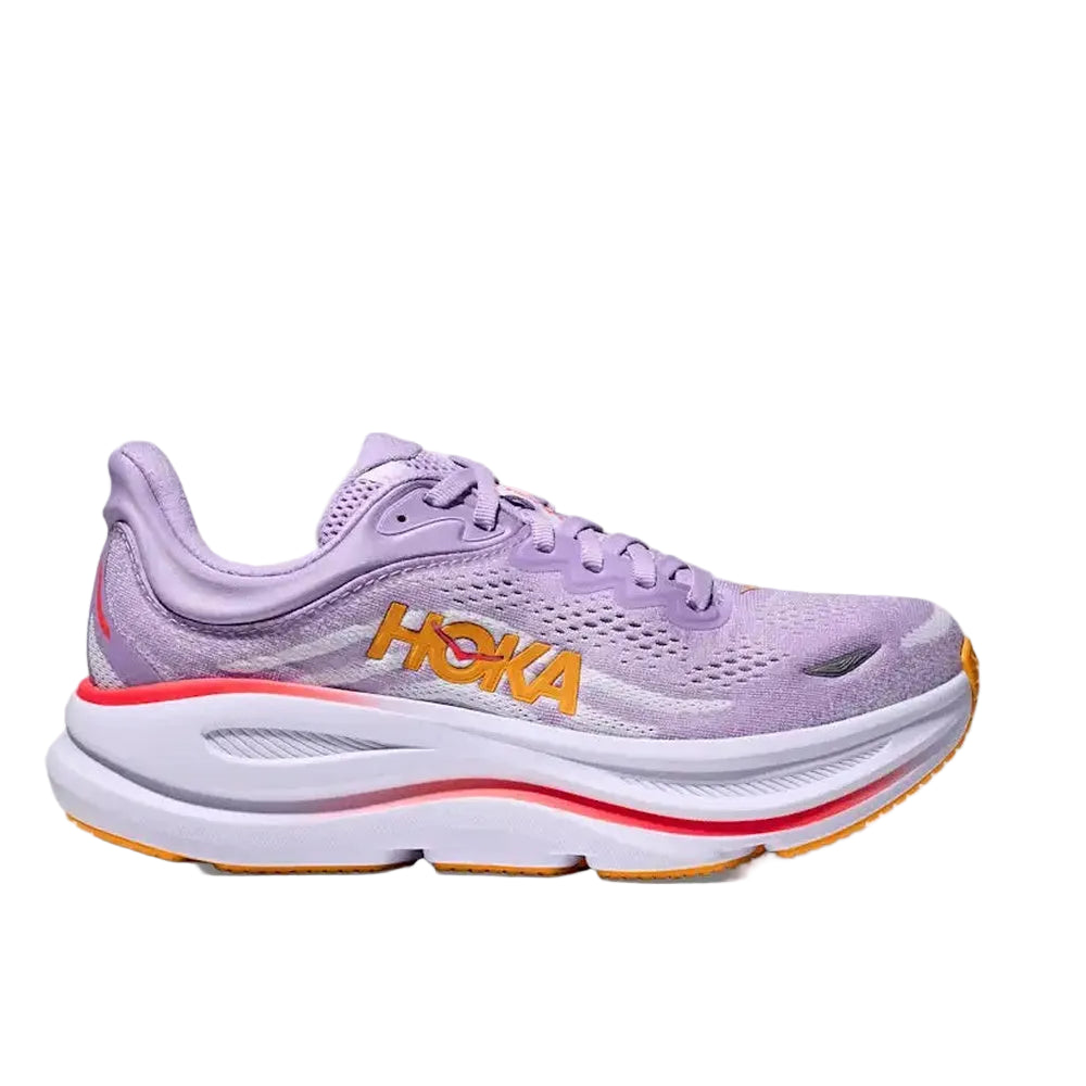 HOKA Bondi 9 women's running shoe in light purple with orange logo