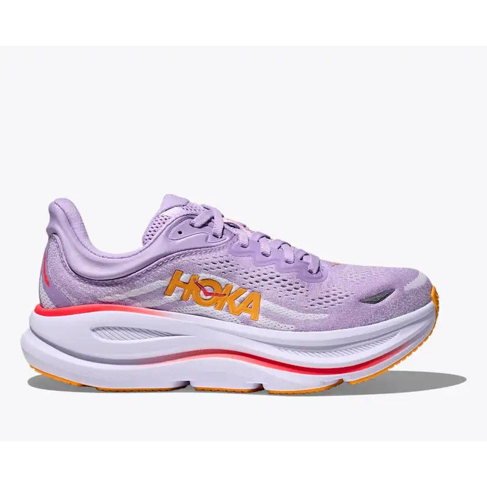 HOKA Bondi 9 women's running shoe in light purple with orange logo