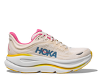 HOKA Bondi 9 women's running shoe in alabaster beige with pink and yellow details